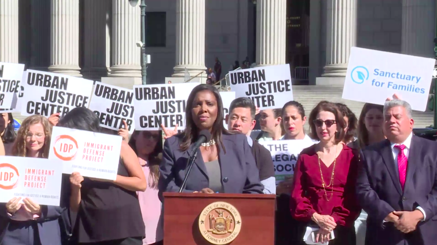 
            New York Attorney General Letitia James and Brooklyn District Attorney Eric Gonzalez announce lawsuit against Immigration & Customs Enforcement.