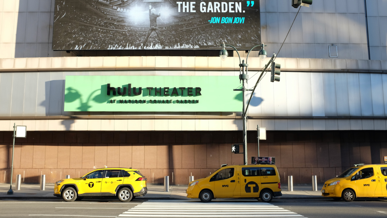 Taxis lined up outside Penn Station in NYC.