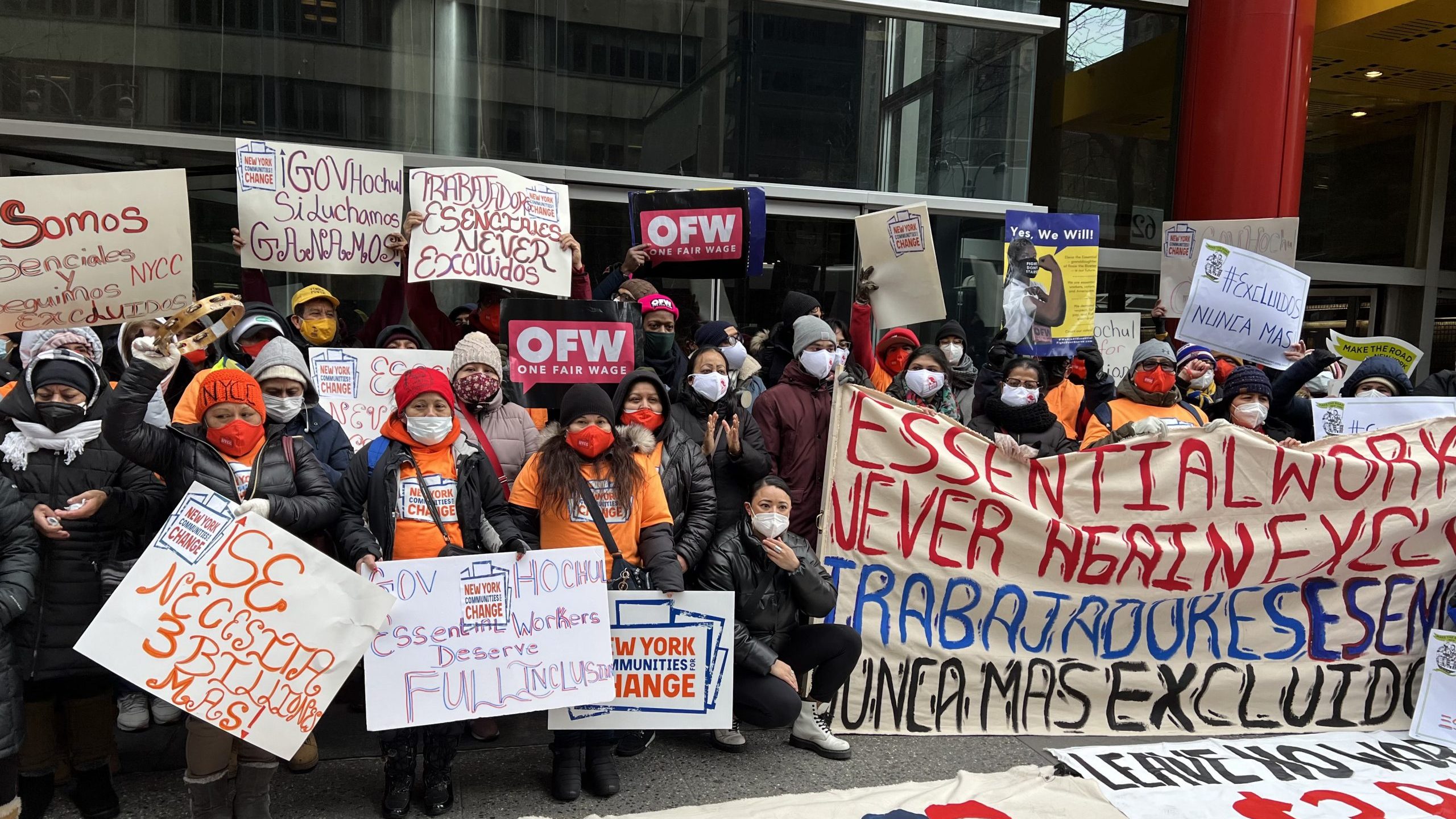 Excluded Workers Fund Activists in front of Gov. Hochul's office in Manhattan.