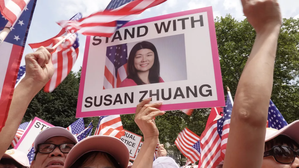 Brandishing signs and American flags, the demonstrators had a rally at Foley Square on Sunday. Photo: April for Documented.