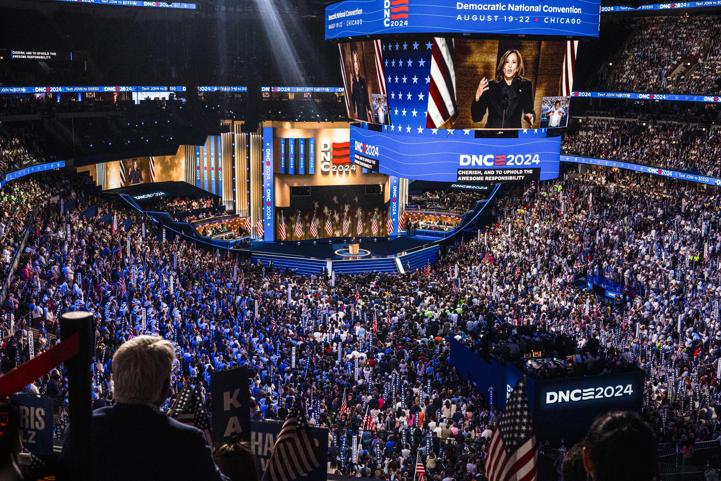 Vice President and Democratic nominee for president, Kamala Harris takes the stage on the final night of the DNC convention at the United Center in Chicago Aug. 22, 2024. Photo: Laura Brett/ZUMA Press Wire